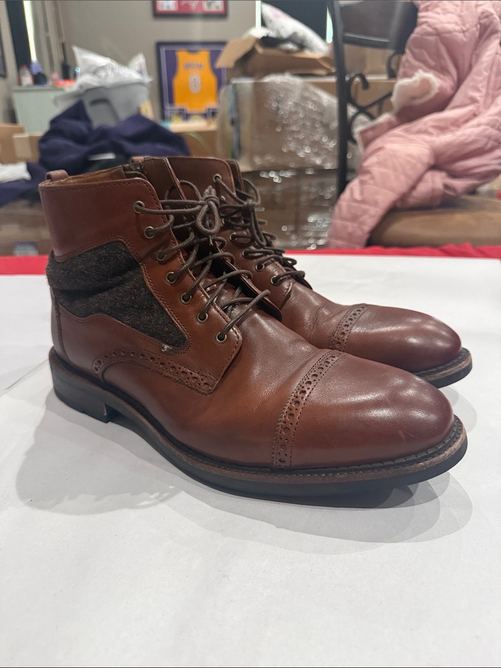 Johnston & Murphy Brown Leather Cap-Toe Chukka Boots with Gray Wool Panels